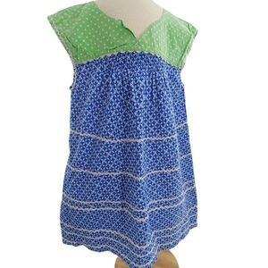 Smocking & rickrack green polka dots & blue cotton dress size 6